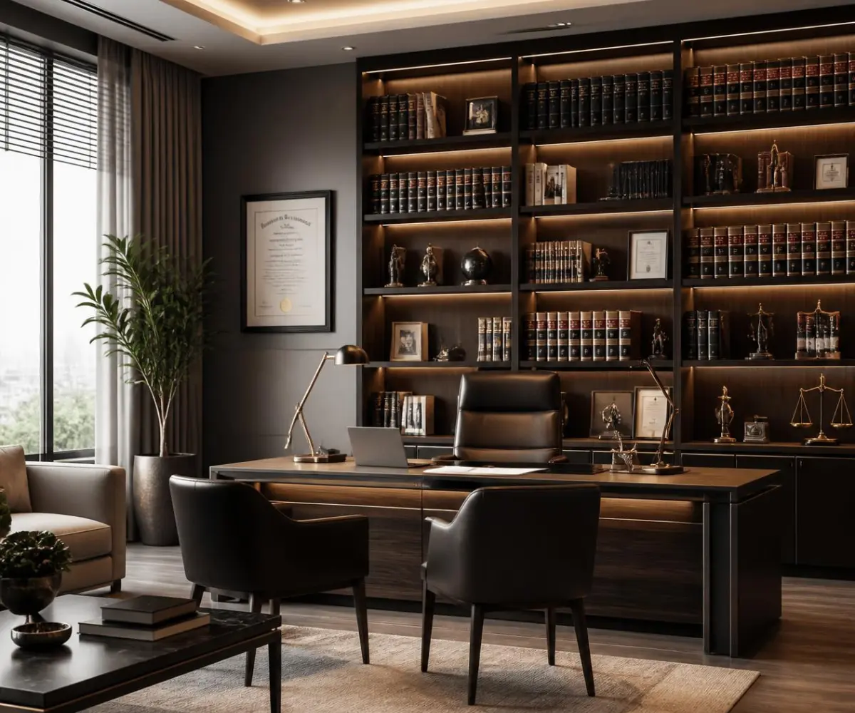 Cabinet d'avocat élégant avec bibliothèque juridique